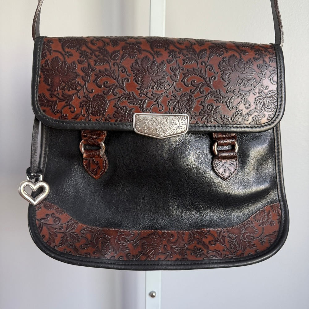 Brighton Leather Marsella Fiori Boho Western Floral Heart Crossbody Bag M Black